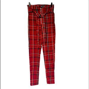Ultra High Waist Zip Front Belted Plaid Stretch Pant Small